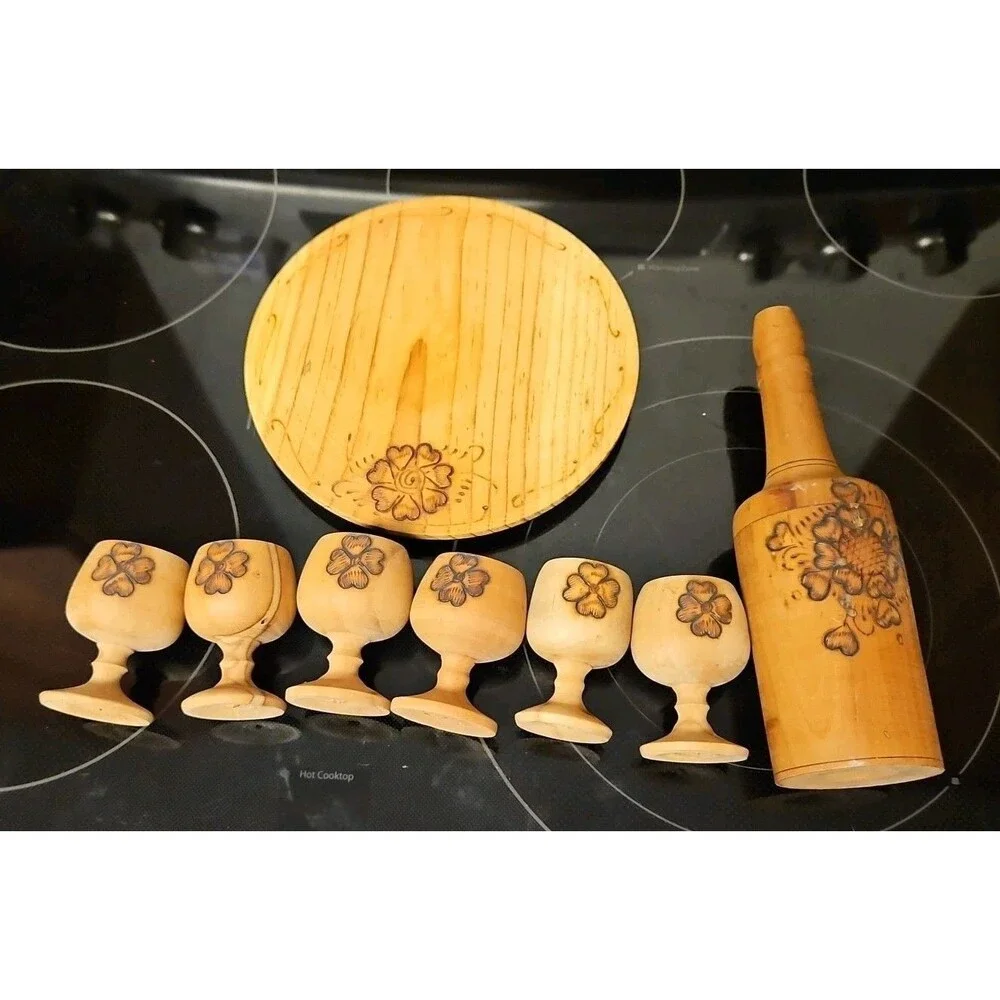 Vintage Burnt Wooden Pyrography Folk Art Decanter w\ Small Platter and 6 Goblets